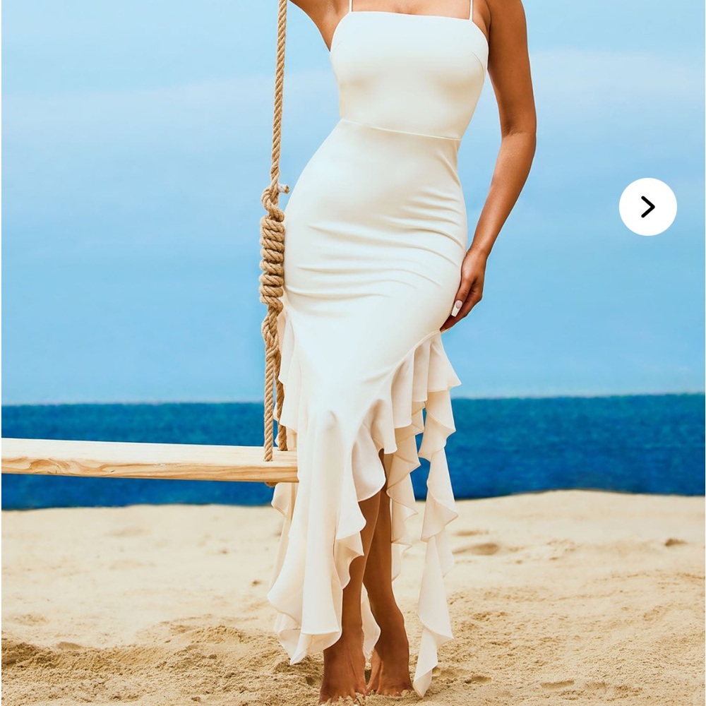 Cream Strapless Asymmetrical Ruffled Dress